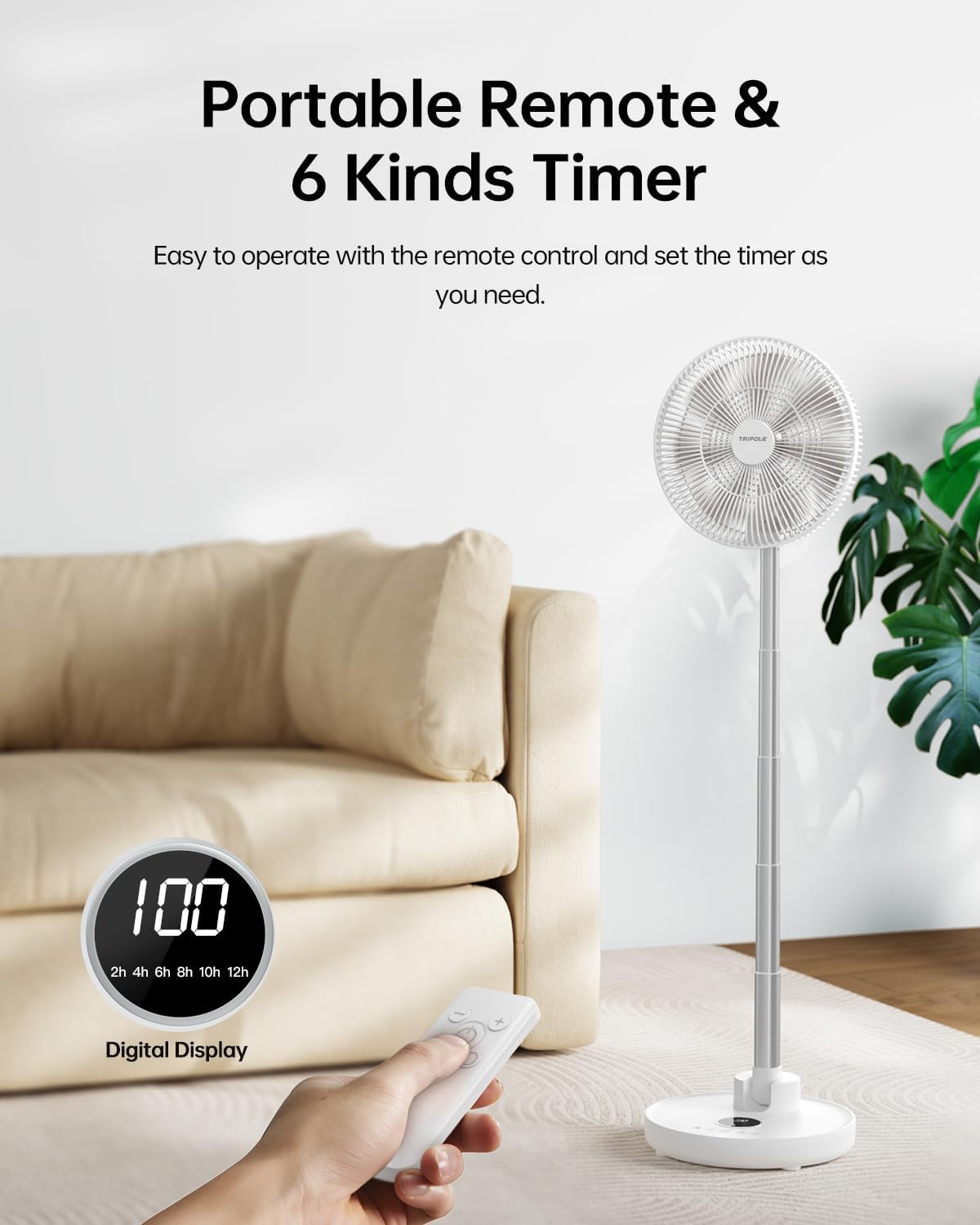 TriPole Standing Oscillating Pedestal Fan, Rechargeable Battery