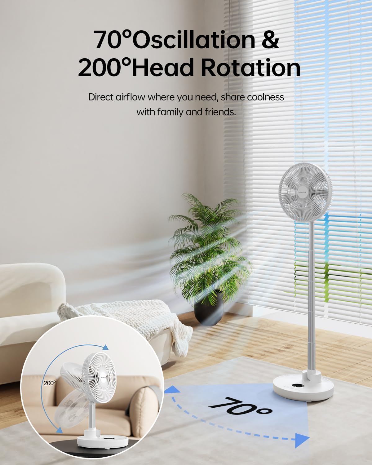 TriPole Standing Oscillating Pedestal Fan, Rechargeable Battery
