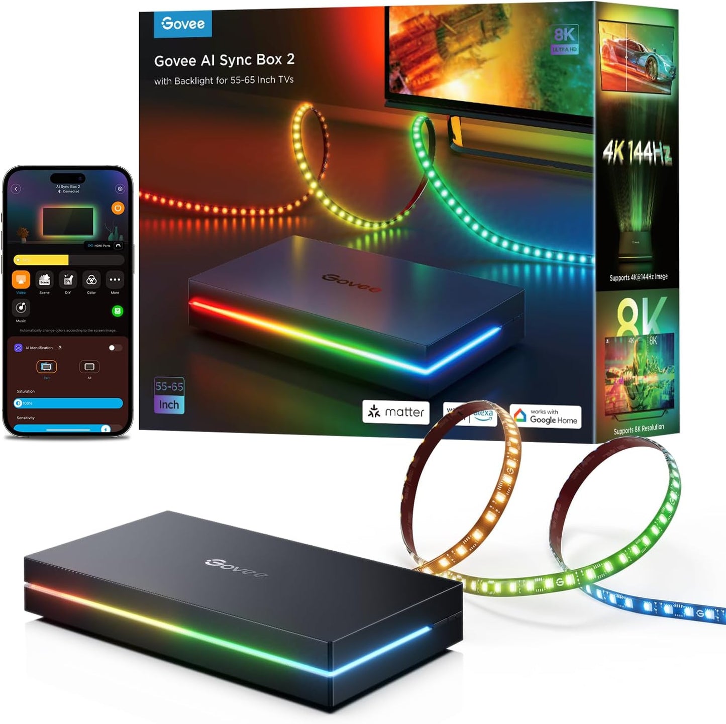 Govee HDMI 2.1 Sync Box 2, AI Sync Box with TV Backlight,