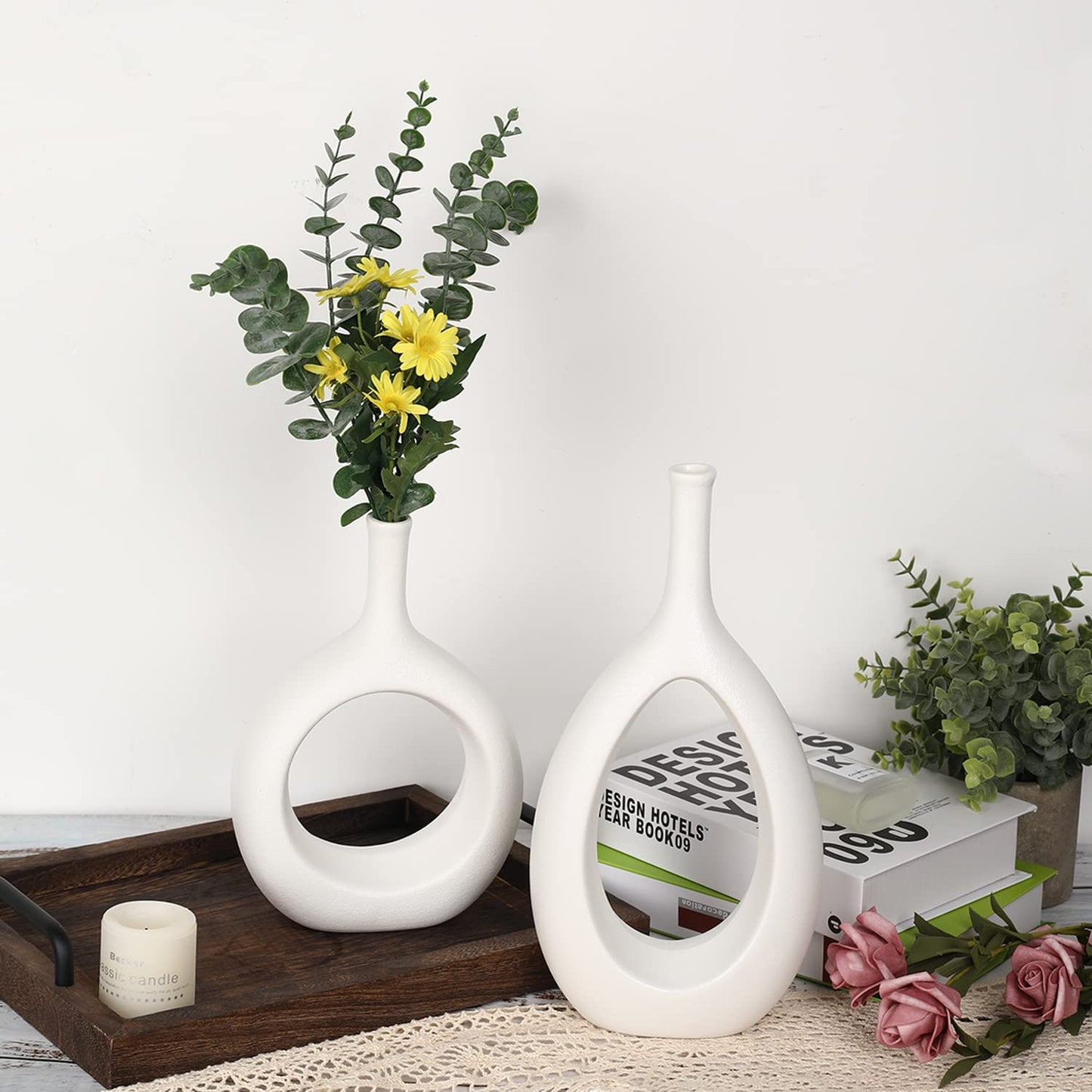 LIBWYS White Ceramic Vase Set of 2 Modern Vase
