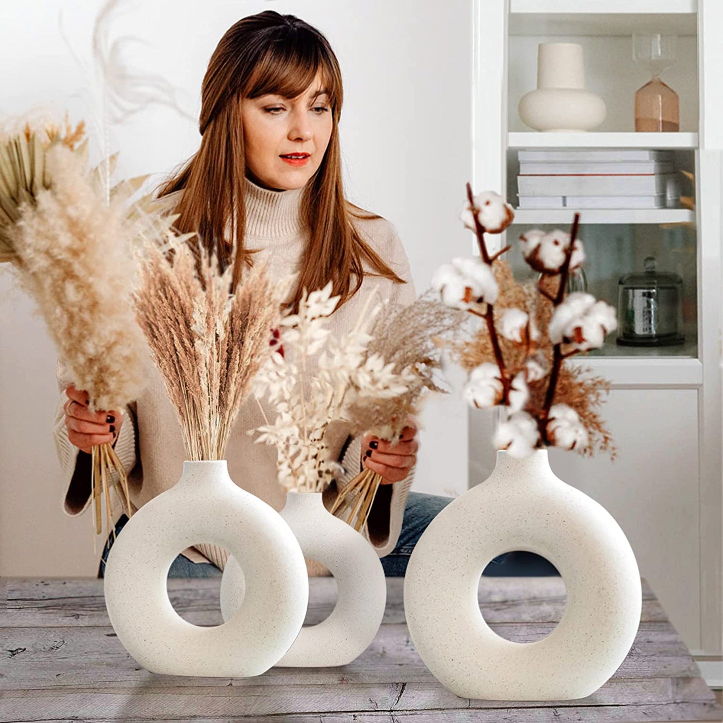 Ceramic Hollow Donut Vase Set of 3 for Pampas Grass