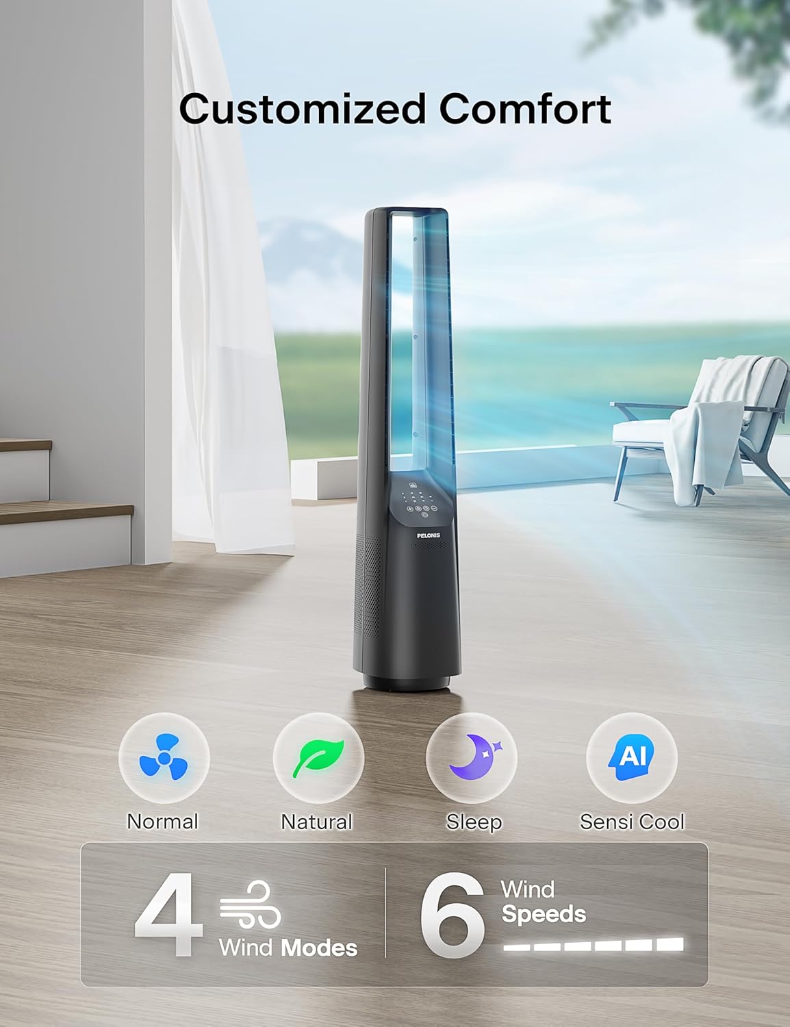 PELONIS 40" Smart Bladeless Fan for Bedrrom