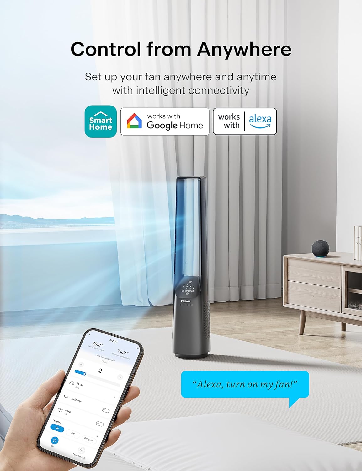 PELONIS 40" Smart Bladeless Fan for Bedrrom